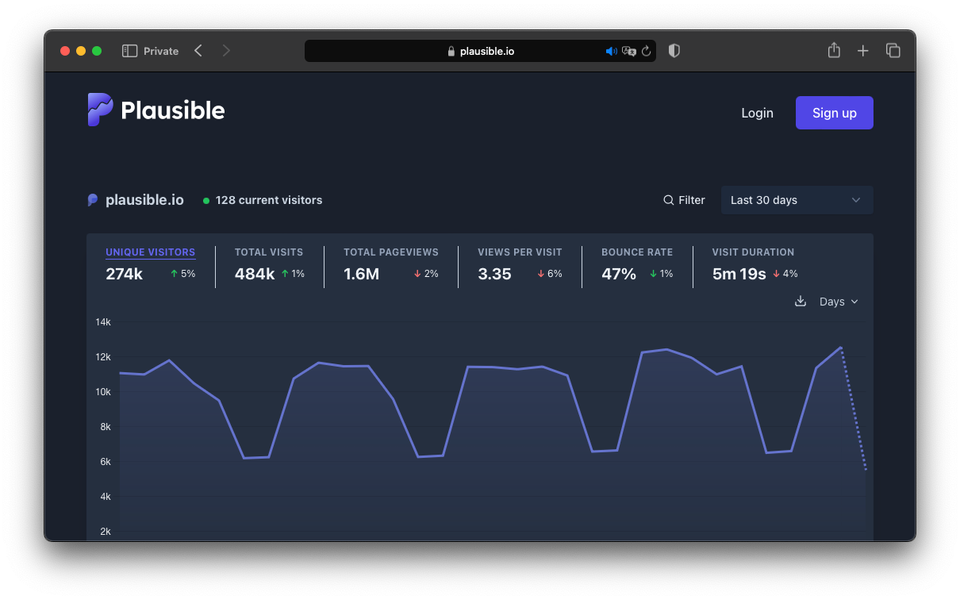 A snapshot of Plausible Analytics dashboard 